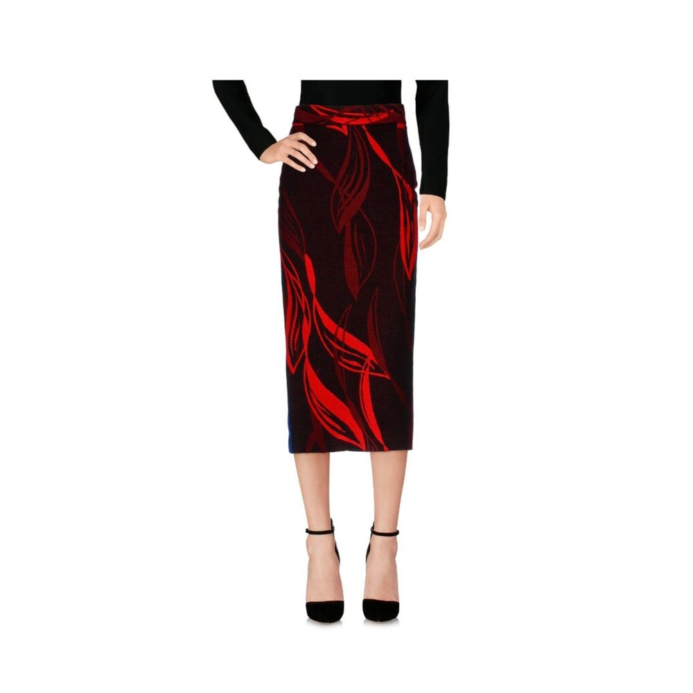 NORA BARTH Women's Pencil Midi Skirt SZ 8 Abstract Red/Black Print Side Stripes